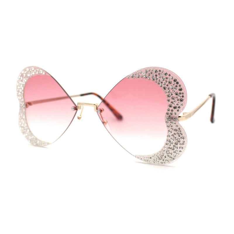 Womens Heavy Sparkle Rhinestone Heart Butterfly Rimless Sunglasses