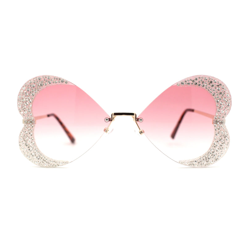 Womens Heavy Sparkle Rhinestone Heart Butterfly Rimless Sunglasses