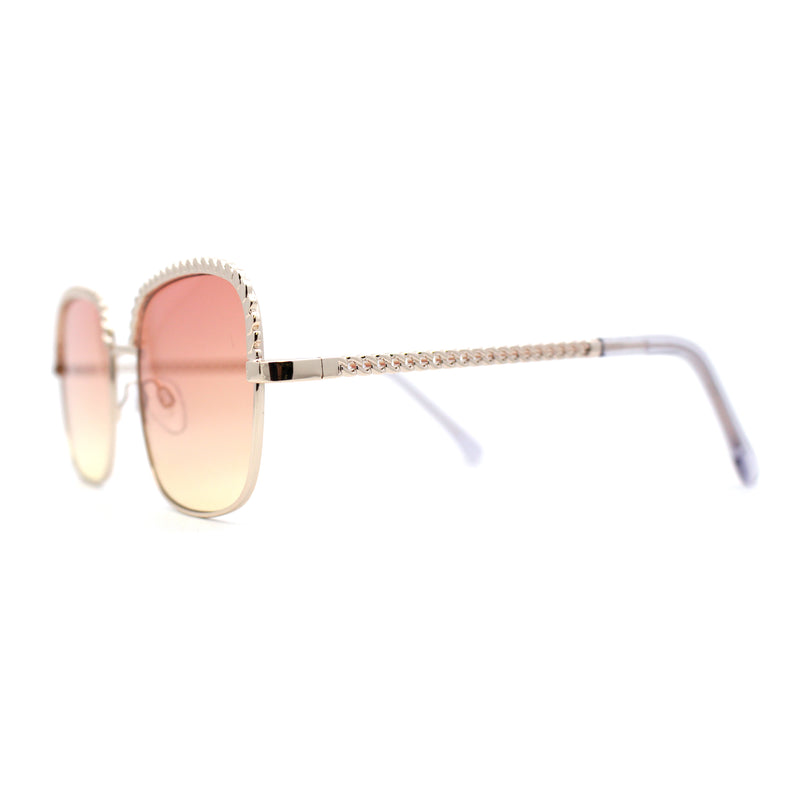 Understated Rectangle Chain Jewel Brow Trim Fashion Sunglasses