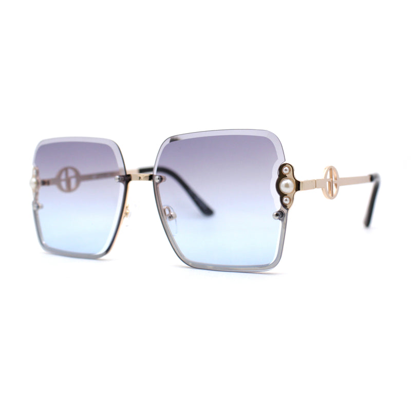 Womens Pearl Jewel Trim Upside Down Half Rim Rectangle Sunglasses