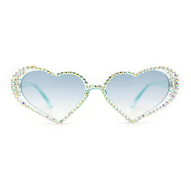 Womens Iridescent Rhinestone Bling Bubbly Heart Shape Sunglasses