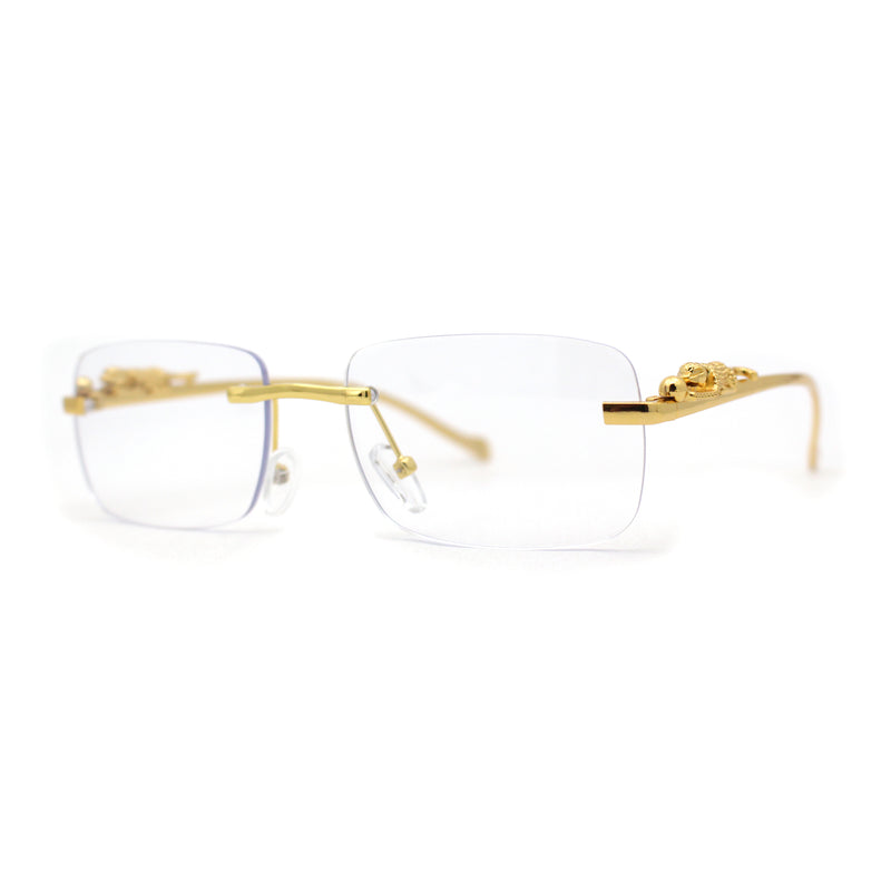 Mens Rimless Pimp Leopard Jewel Pin Arm Rectangle Eyeglasses