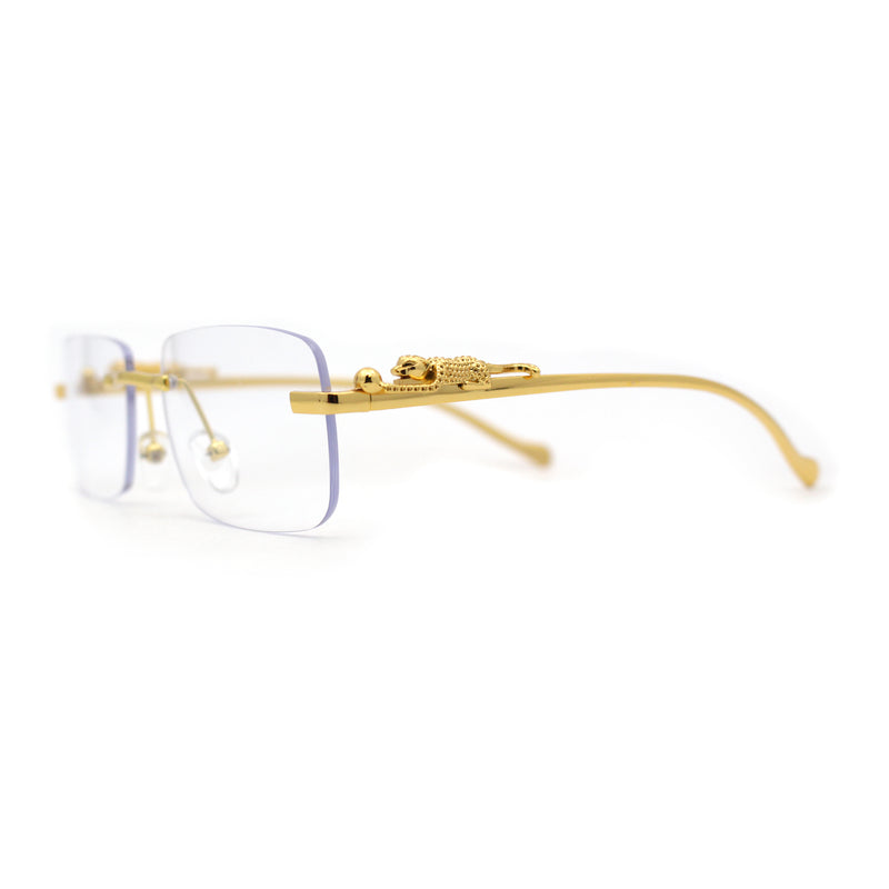 Mens Rimless Pimp Leopard Jewel Pin Arm Rectangle Eyeglasses