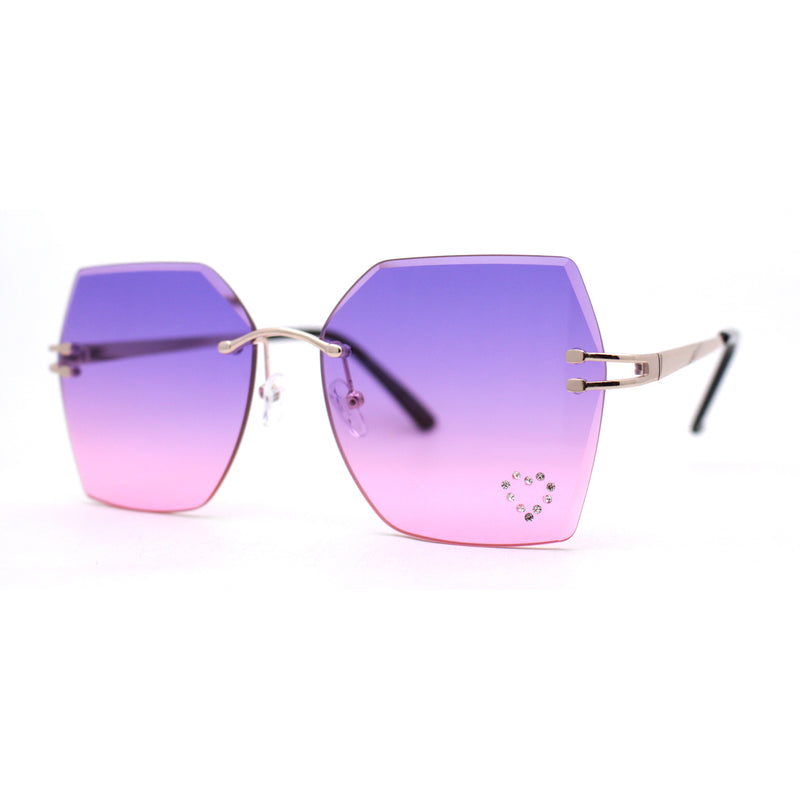 Womens Rhinestone Heart Lens Bling Rimless Butterfly Chic Sunglasses