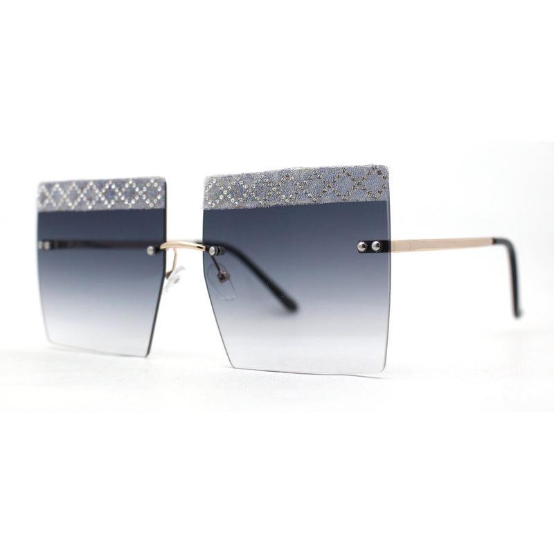 Rhinestone Argyle Pattern Jewel Rimless Oversize Rectangle Sunglasses