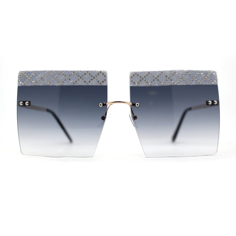 Rhinestone Argyle Pattern Jewel Rimless Oversize Rectangle Sunglasses