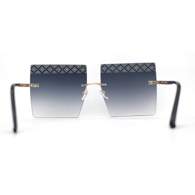 Rhinestone Argyle Pattern Jewel Rimless Oversize Rectangle Sunglasses