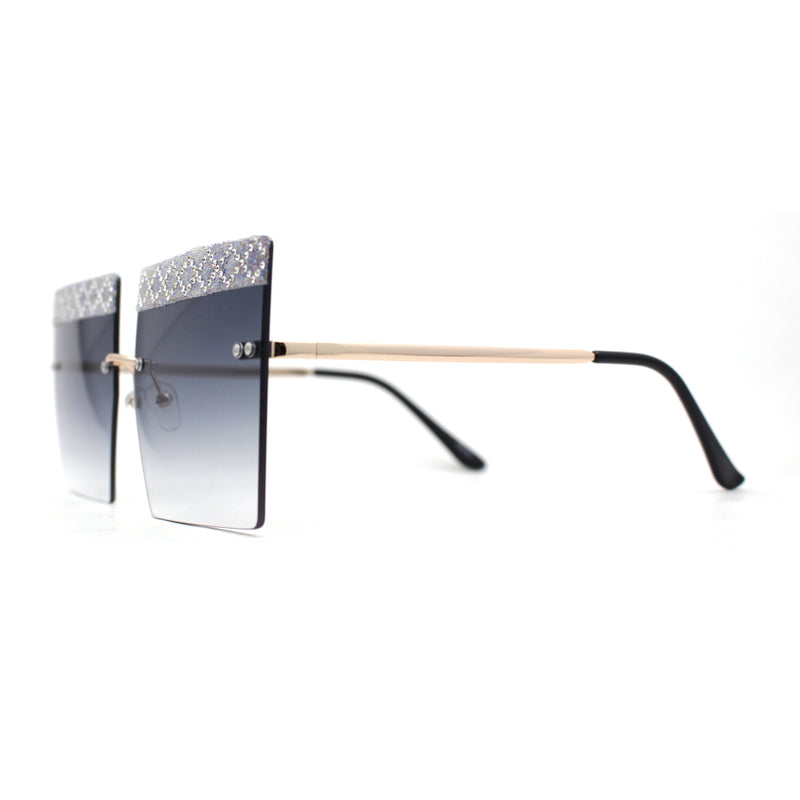 Rhinestone Argyle Pattern Jewel Rimless Oversize Rectangle Sunglasses