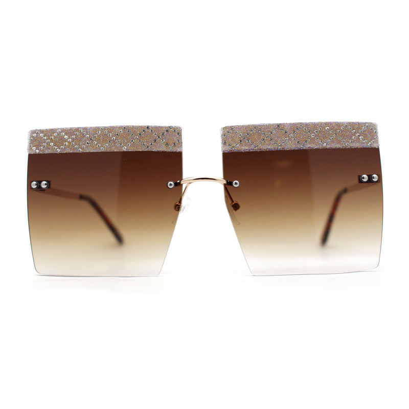 Rhinestone Argyle Pattern Jewel Rimless Oversize Rectangle Sunglasses