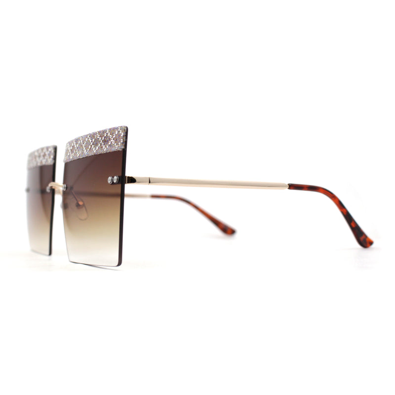 Rhinestone Argyle Pattern Jewel Rimless Oversize Rectangle Sunglasses