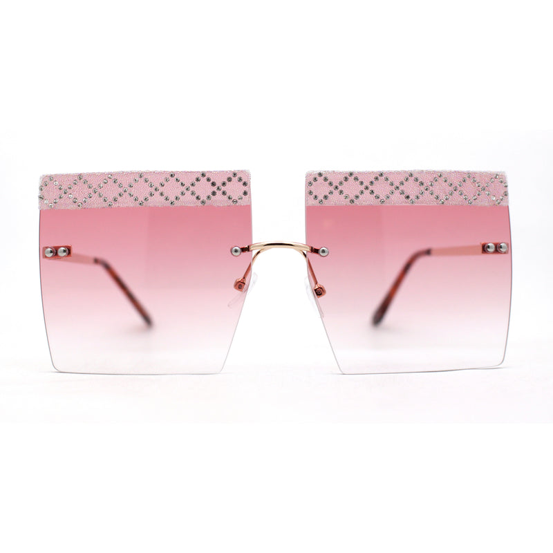 Rhinestone Argyle Pattern Jewel Rimless Oversize Rectangle Sunglasses