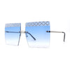 Rhinestone Argyle Pattern Jewel Rimless Oversize Rectangle Sunglasses