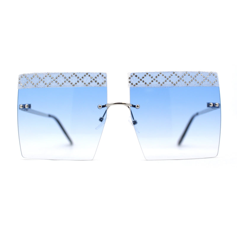 Rhinestone Argyle Pattern Jewel Rimless Oversize Rectangle Sunglasses