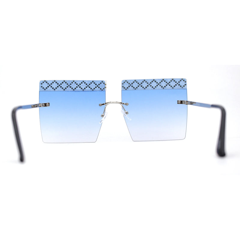 Rhinestone Argyle Pattern Jewel Rimless Oversize Rectangle Sunglasses