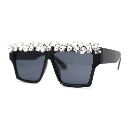 Huge Dripping Nugget Rhinestone Brow Flat Top Horn Rim Sunglasses