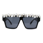 Huge Dripping Nugget Rhinestone Brow Flat Top Horn Rim Sunglasses