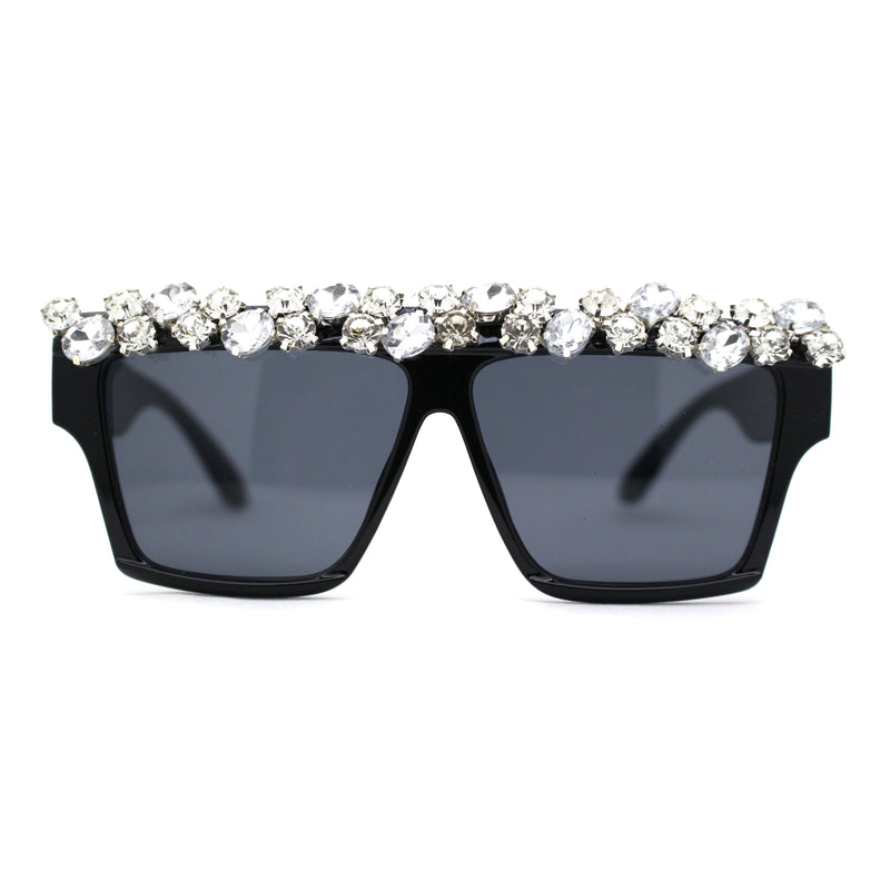 Huge Dripping Nugget Rhinestone Brow Flat Top Horn Rim Sunglasses