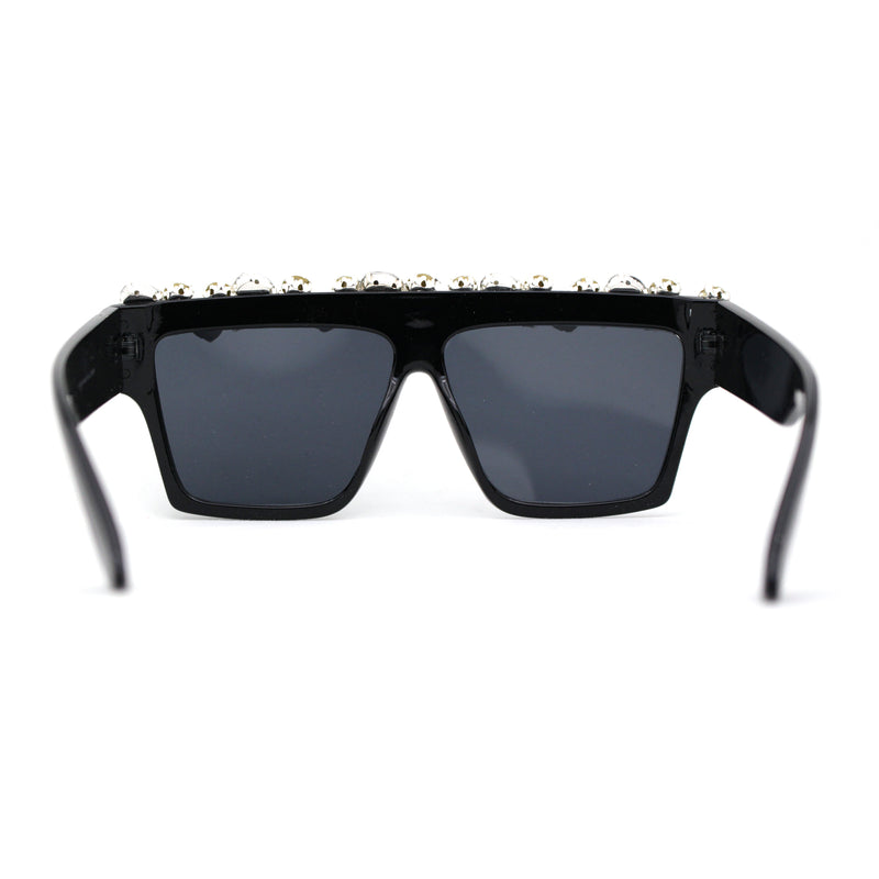 Huge Dripping Nugget Rhinestone Brow Flat Top Horn Rim Sunglasses