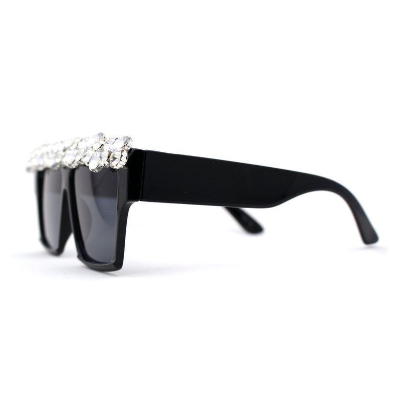 Huge Dripping Nugget Rhinestone Brow Flat Top Horn Rim Sunglasses