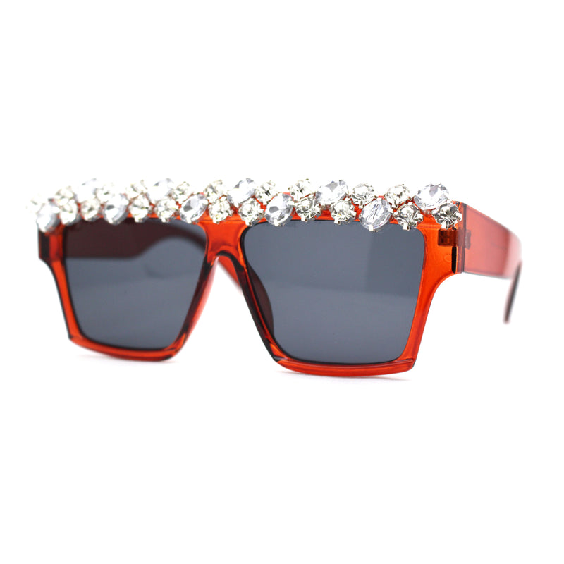Huge Dripping Nugget Rhinestone Brow Flat Top Horn Rim Sunglasses