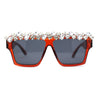 Huge Dripping Nugget Rhinestone Brow Flat Top Horn Rim Sunglasses