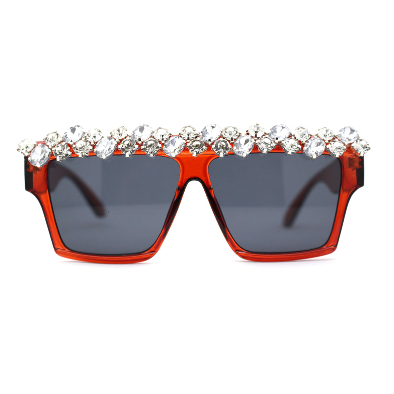 Huge Dripping Nugget Rhinestone Brow Flat Top Horn Rim Sunglasses