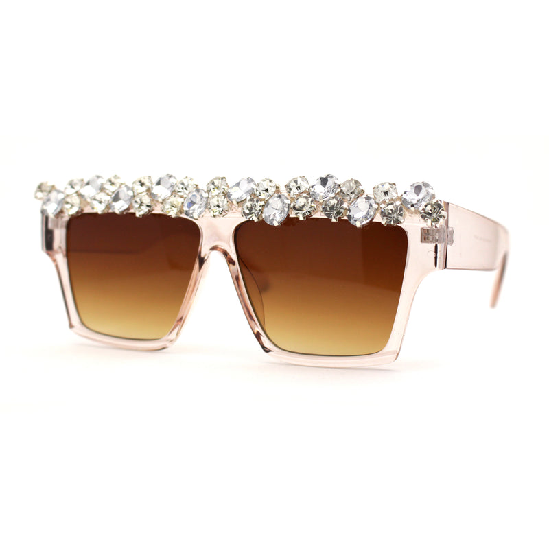 Huge Dripping Nugget Rhinestone Brow Flat Top Horn Rim Sunglasses