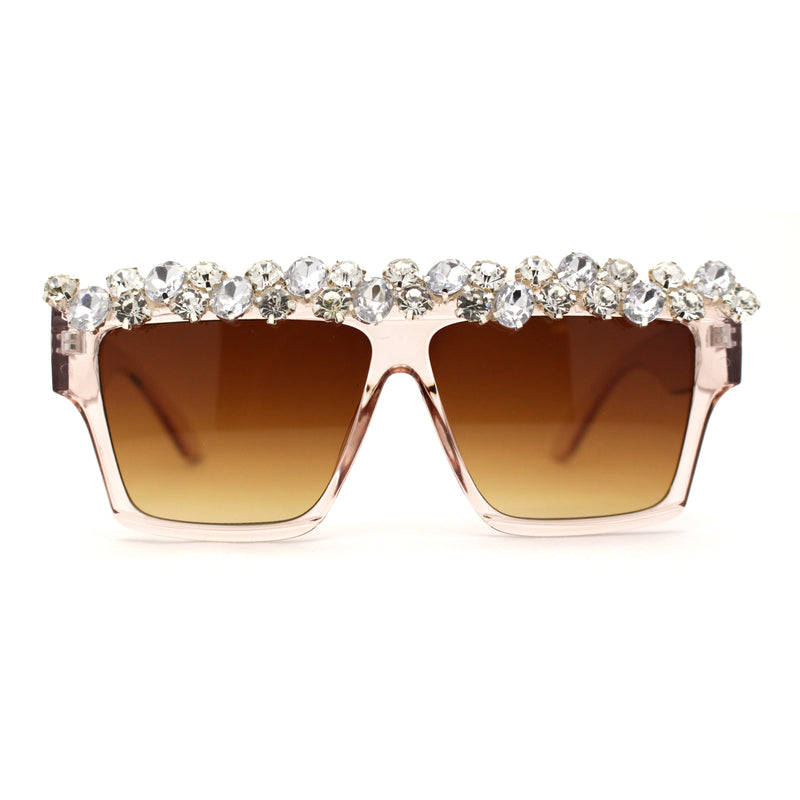Huge Dripping Nugget Rhinestone Brow Flat Top Horn Rim Sunglasses