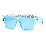 Huge Dripping Nugget Rhinestone Brow Flat Top Horn Rim Sunglasses