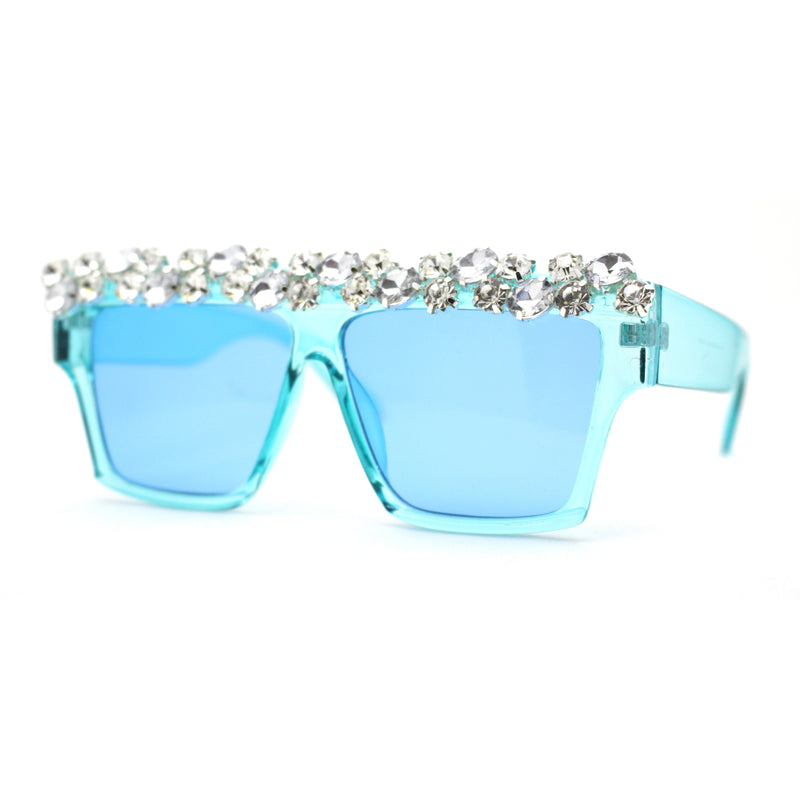 Huge Dripping Nugget Rhinestone Brow Flat Top Horn Rim Sunglasses