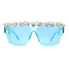 Huge Dripping Nugget Rhinestone Brow Flat Top Horn Rim Sunglasses