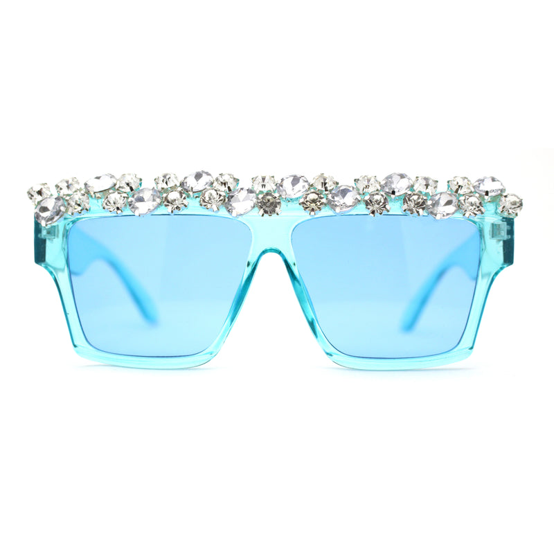 Huge Dripping Nugget Rhinestone Brow Flat Top Horn Rim Sunglasses