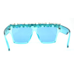 Huge Dripping Nugget Rhinestone Brow Flat Top Horn Rim Sunglasses