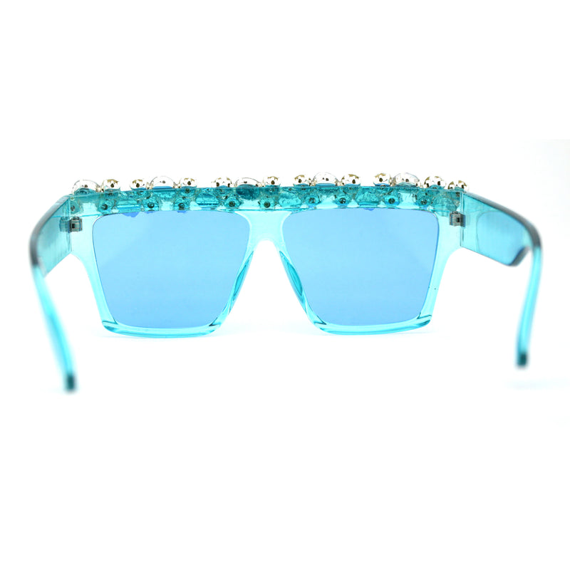 Huge Dripping Nugget Rhinestone Brow Flat Top Horn Rim Sunglasses