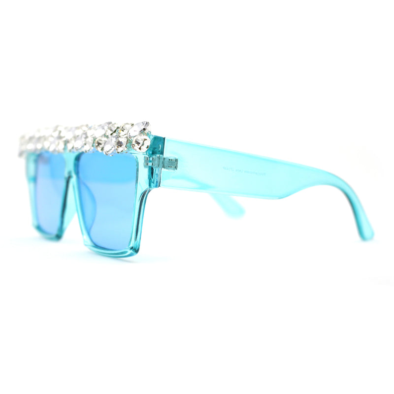Huge Dripping Nugget Rhinestone Brow Flat Top Horn Rim Sunglasses