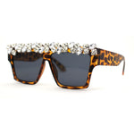 Huge Dripping Nugget Rhinestone Brow Flat Top Horn Rim Sunglasses