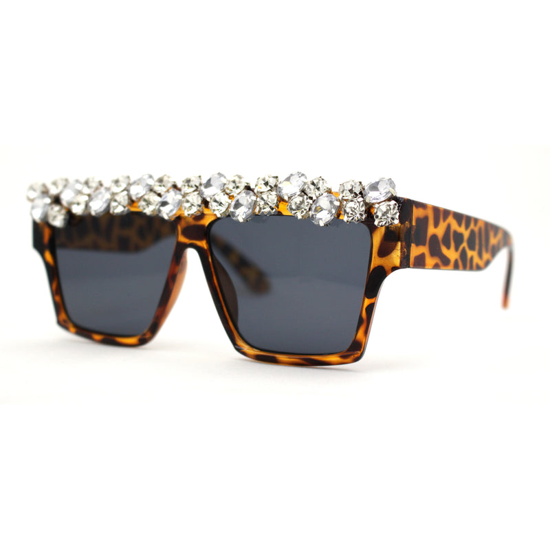 Huge Dripping Nugget Rhinestone Brow Flat Top Horn Rim Sunglasses