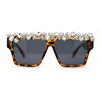 Huge Dripping Nugget Rhinestone Brow Flat Top Horn Rim Sunglasses