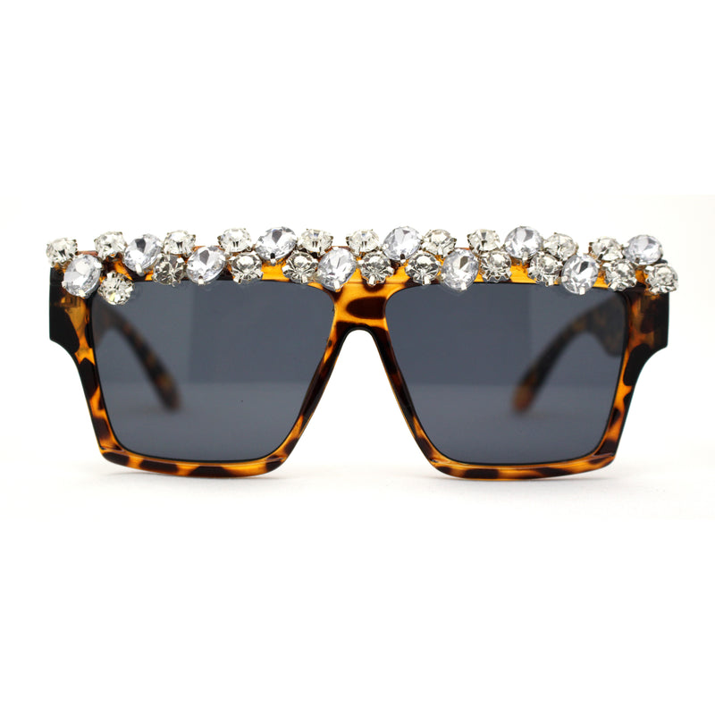 Huge Dripping Nugget Rhinestone Brow Flat Top Horn Rim Sunglasses