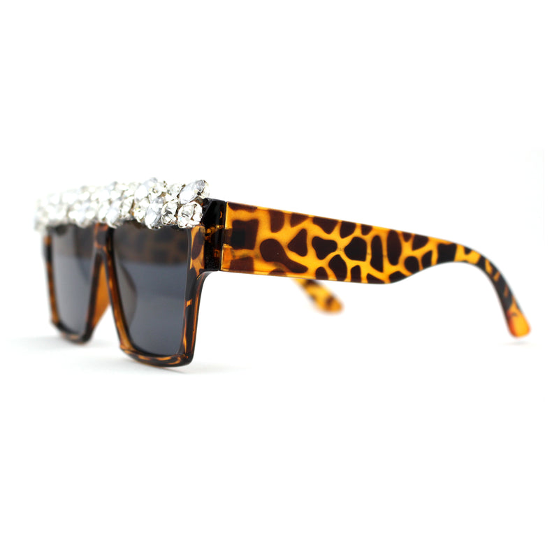 Huge Dripping Nugget Rhinestone Brow Flat Top Horn Rim Sunglasses