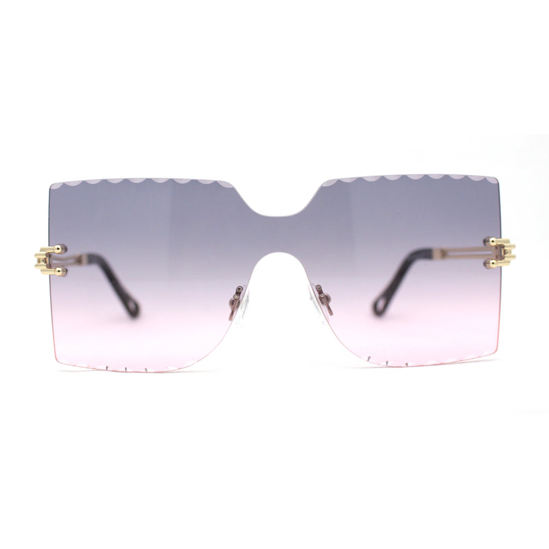 Womens Wave Beveled Lens Oversize Shield Rimless Fashion Sunglasses