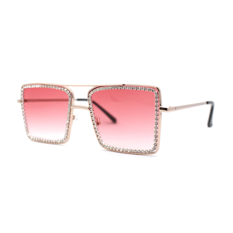 Womens Square Rhinestone Rectangle Jewel Metal Rim Diva Sunglasses