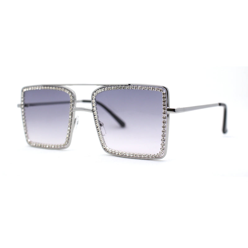 Womens Square Rhinestone Rectangle Jewel Metal Rim Diva Sunglasses