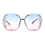 Womens Marquise Cut Rhinestone Floral Trim Rimless Butterfly Sunglasses
