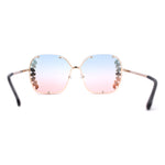 Womens Marquise Cut Rhinestone Floral Trim Rimless Butterfly Sunglasses