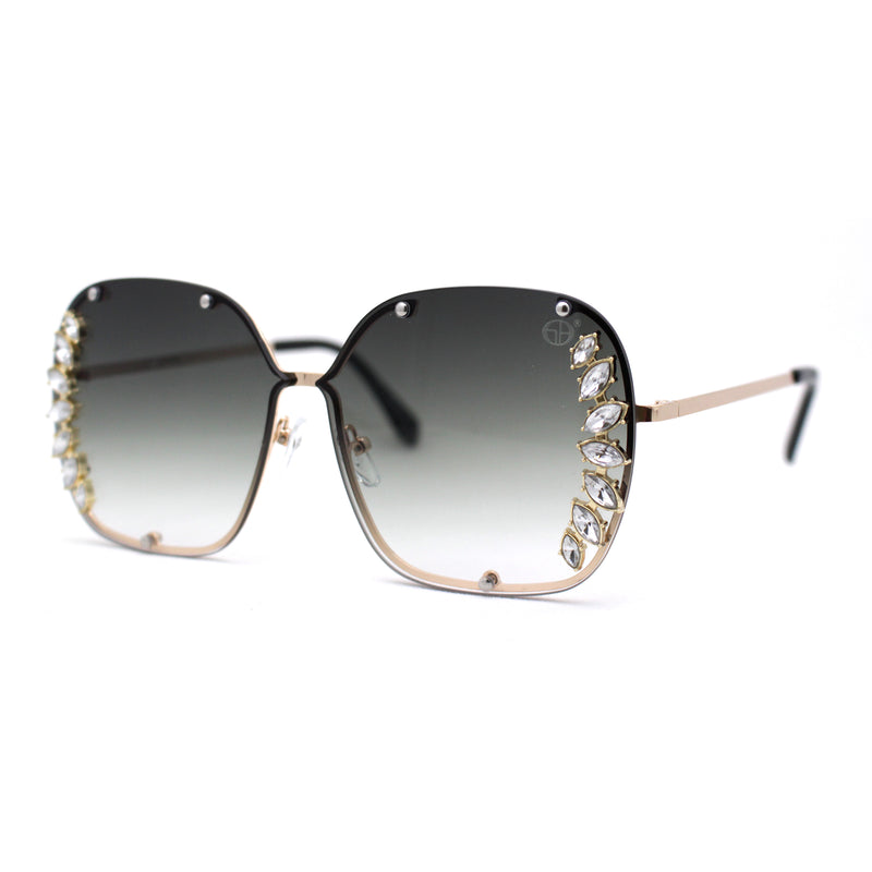 Womens Marquise Cut Rhinestone Floral Trim Rimless Butterfly Sunglasses