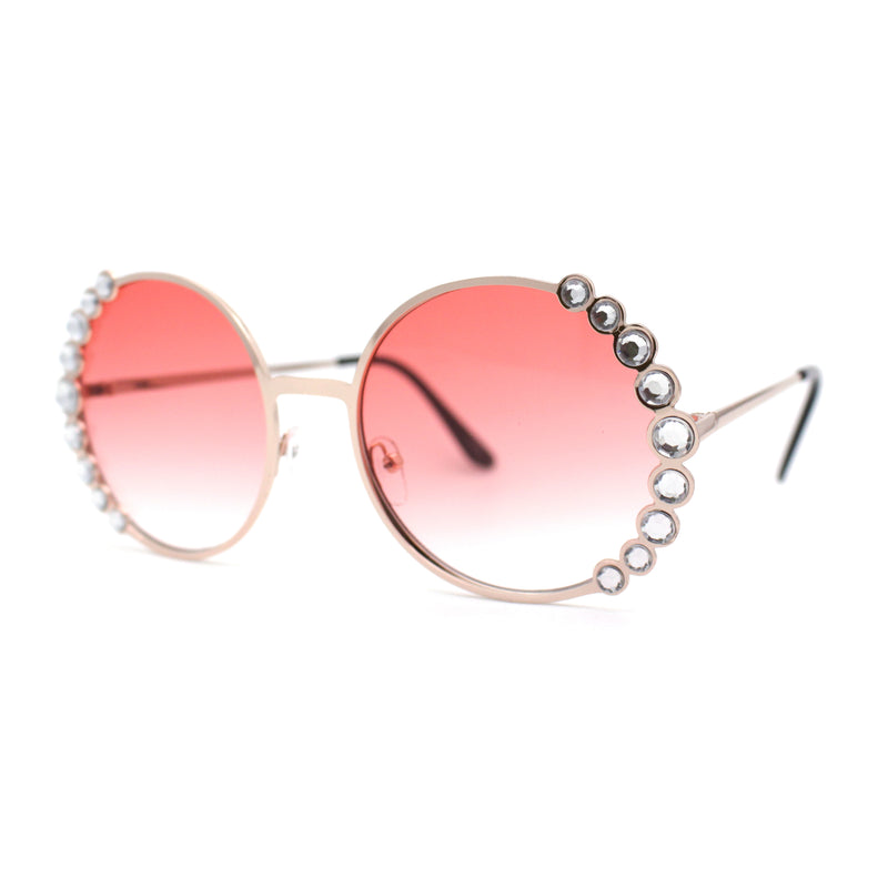 Womens Large Rhinestone Bling Metal Rim Hippie Round Sunglasses