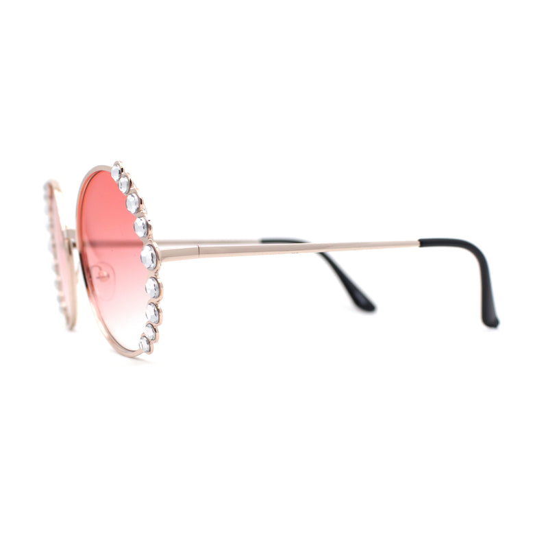 Womens Large Rhinestone Bling Metal Rim Hippie Round Sunglasses