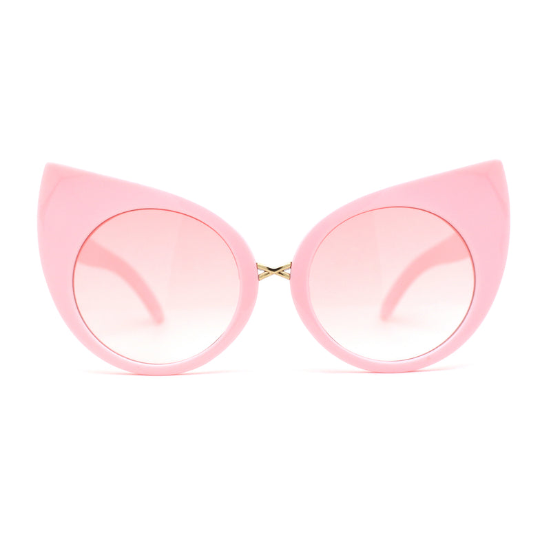 Womens Oversize Round Circle Lens Curled Ears Cat Eye Sunglasses