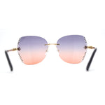 Womens Rimless Oversized Butterfly Rhinestone Bevel Lens Sunglasses